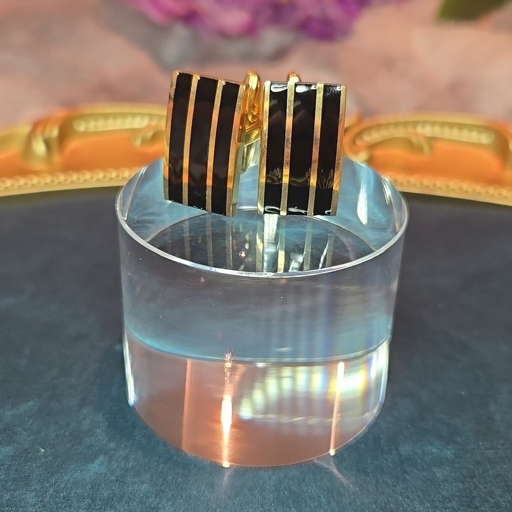 Gold and Black Striped Stainless Steel Cufflinks Brand New - Picture 4 of 10